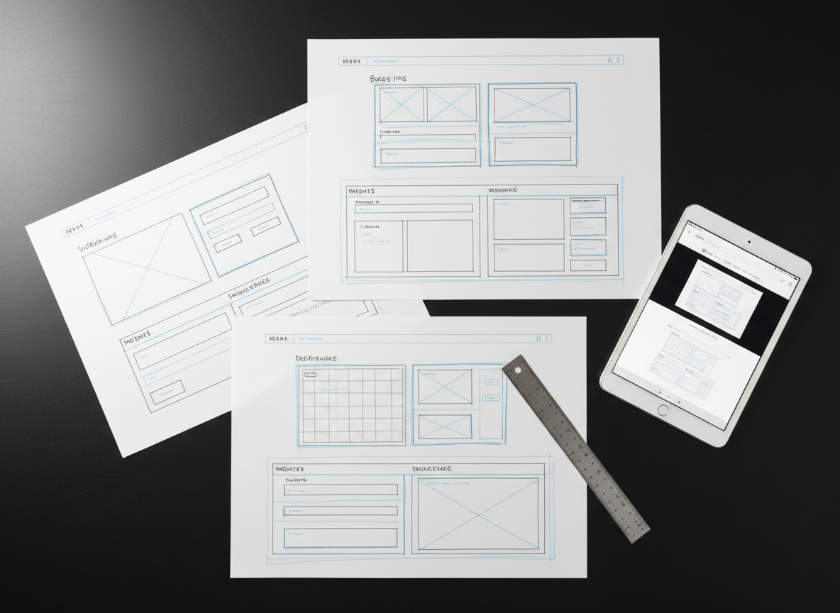 A collection of neatly arranged website wireframe sketches on crisp white A3 paper, spread across a matte black tabletop. Each wireframe shows distinct page layouts with clear grids, buttons, and call-to-action blocks, drawn with fine black ink lines and pale blue highlighter accents. A slim silver ruler and a minimalist white tablet showing a finalized web design rest nearby. Soft overcast daylight from the left creates a gentle gradient of light across the table, with mild shadows emphasizing the paper’s texture. Captured from a top-down, bird’s-eye view with sharp focus throughout. The atmosphere is methodical, organized, and strategic, reflecting a professional Scandinavian approach to planning high-converting websites.