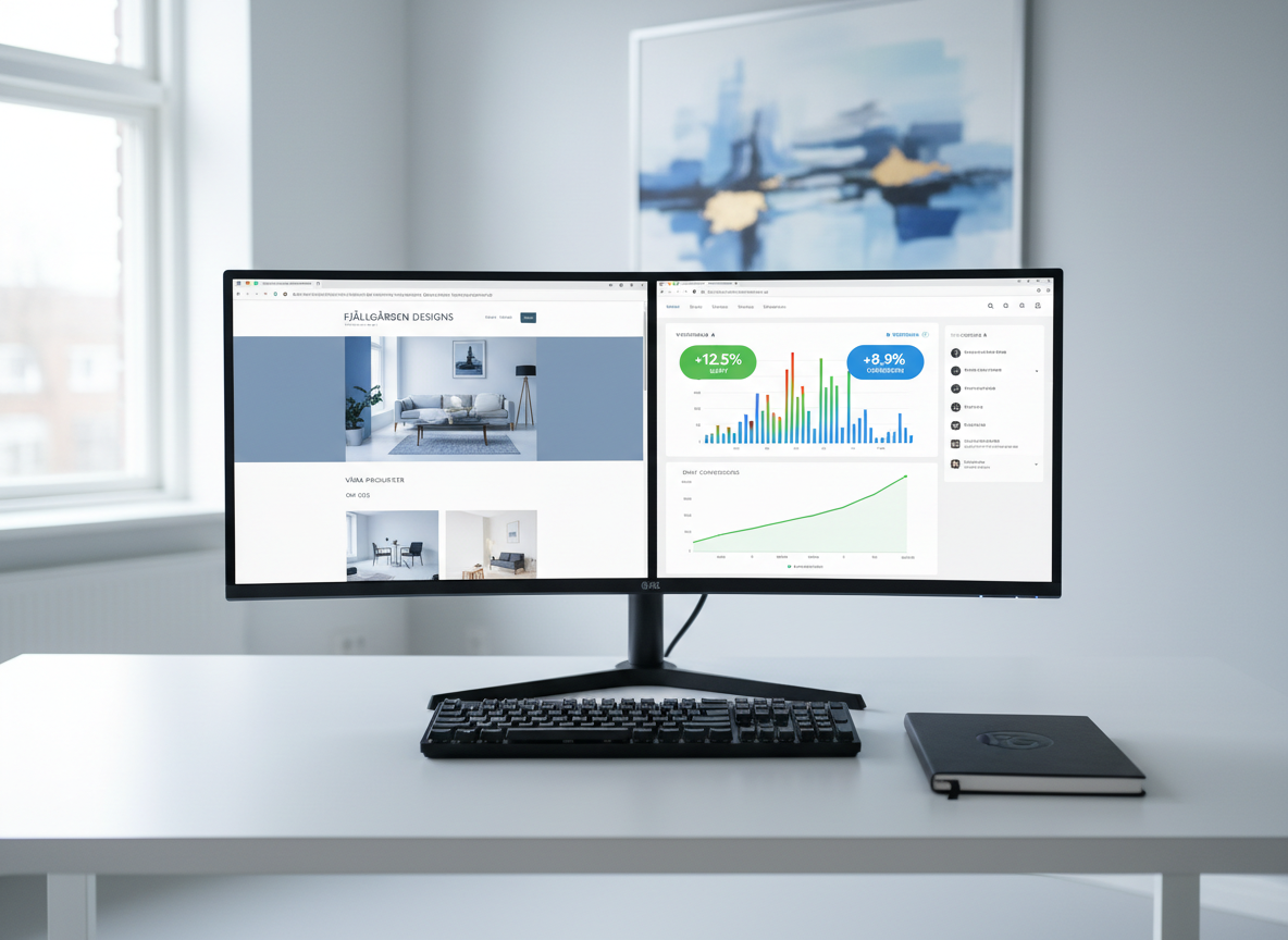 A large, ultra-wide monitor on a clean white desk, displaying a split-screen view: on one side a modern Swedish small business homepage, on the other a colorful A/B testing results dashboard with uplift percentages and conversion graphs. A dark charcoal keyboard and a matte black notebook with a subtle embossed logo sit precisely aligned in front. The background shows a softly blurred, minimalist office with pale grey walls and a single abstract blue artwork. Cool, even studio lighting creates soft reflections on the screen without glare. Photographic realism, framed in rule-of-thirds from a slightly elevated angle. The mood is analytical yet optimistic, emphasizing measurable improvement in website performance.