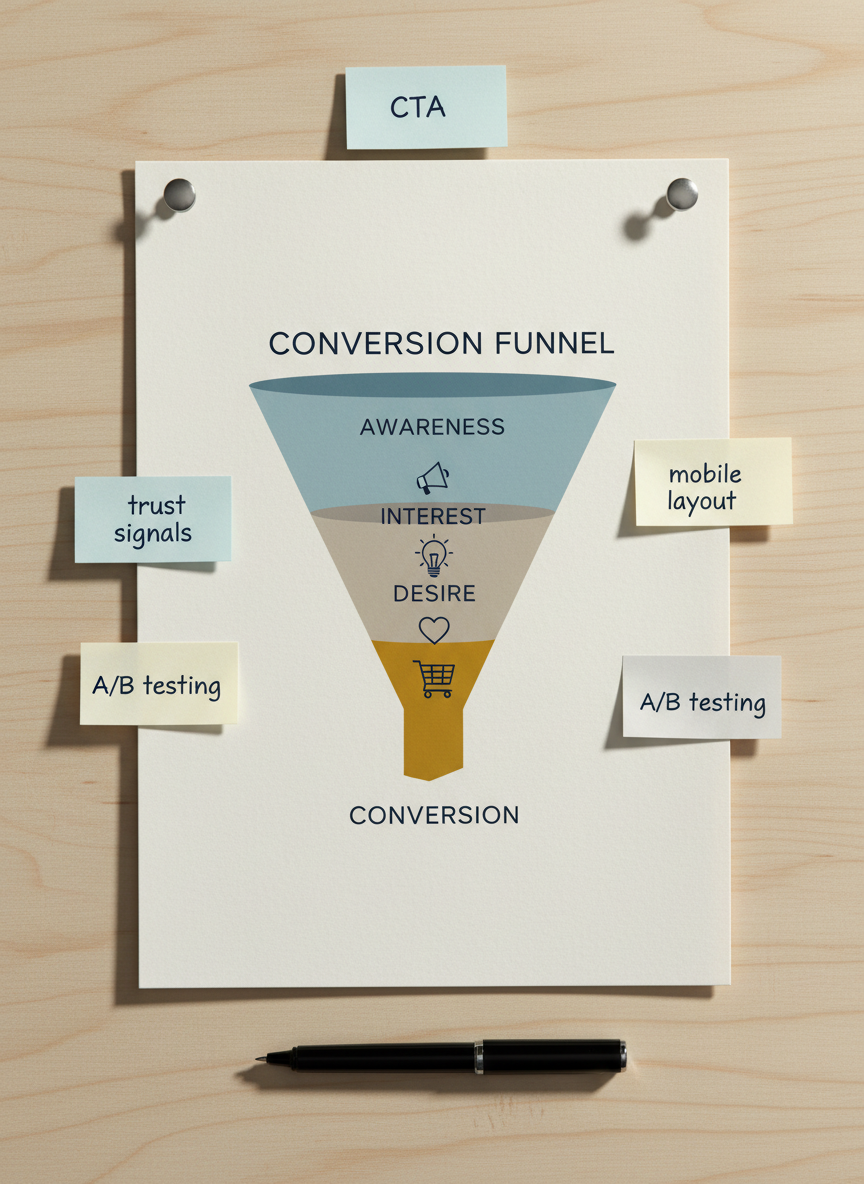 A printed conversion funnel diagram on thick, slightly textured off-white cardstock, pinned to a light birch wood board. The funnel is rendered in clean, flat Nordic colors: muted blues, soft greys, and a single accent of deep mustard at the final conversion stage. Around it are neatly arranged sticky notes with concise, legible keywords like “CTA”, “trust signals”, and “mobile layout”, all in a consistent dark ink. A slim black fine-liner pen rests at the base of the board. Directional, soft studio lighting from the right casts subtle shadows, giving depth to the paper edges and pinheads. Shot straight-on with photographic realism and sharp focus, conveying structure, clarity, and strategic thinking.