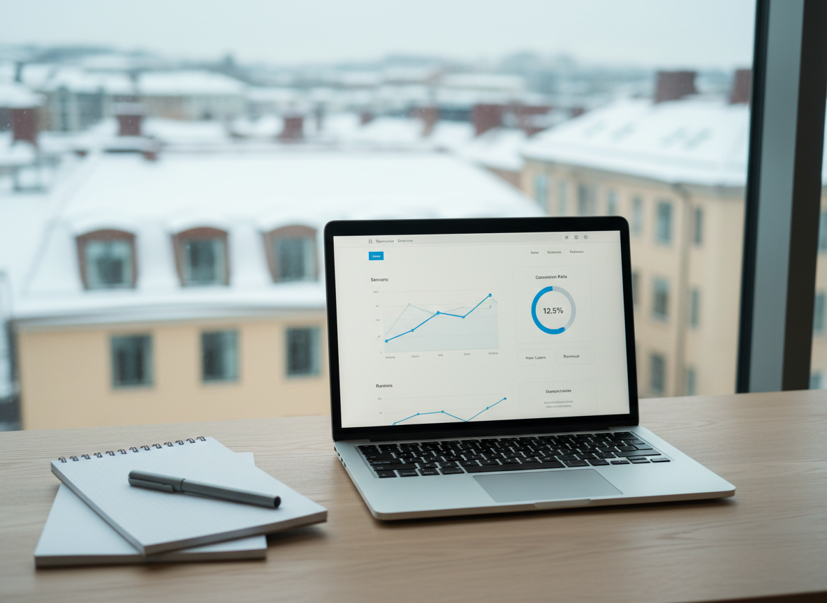 A sleek silver laptop displaying a clean, minimalist website analytics dashboard, placed on a light oak desk beside a neatly stacked pair of blank wireframe sketchbooks and a graphite grey pen. The desk sits near a large window overlooking a softly blurred Scandinavian cityscape with hints of snow on rooftops. Cool, diffused daylight fills the room, creating gentle reflections on the laptop’s metallic surface and subtle shadows beneath the objects. Photographic realism, shot at eye level with a slight angle, using shallow depth of field to keep the laptop screen in crisp focus. The mood is professional, calm, and efficient, evoking modern Swedish web design and data-driven conversion optimization.