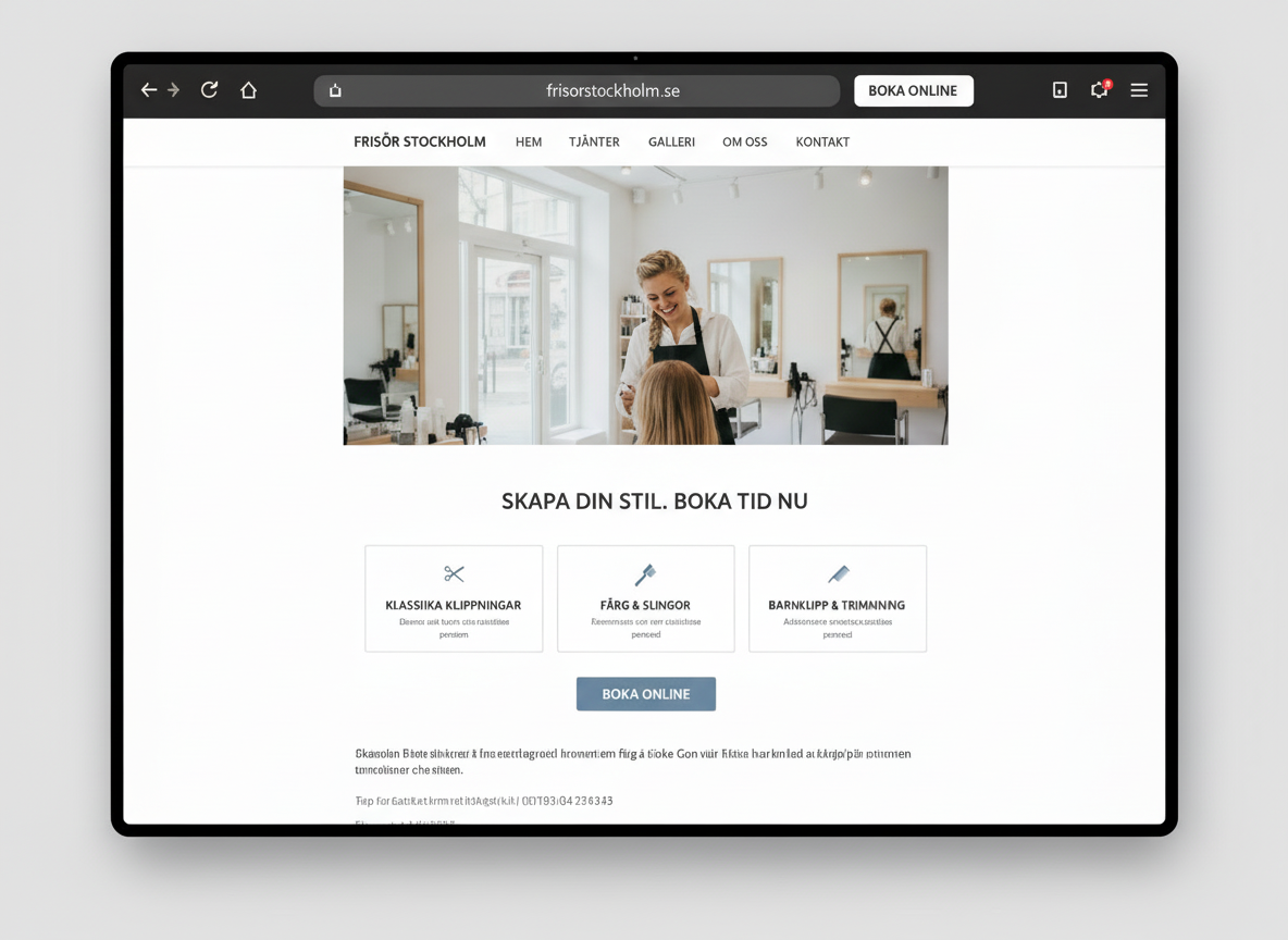 Extremely realistic, high-detail Scandinavian-style homepage screenshot for a modern Swedish hair salon website. It should look like a real live website screenshot (not a mockup), with a hero image of a stylish salon interior, clear Swedish navigation labels (Hem, Tjänster, Boka tid, Om oss, Kontakt), prominent online booking button, readable body text, and real UI elements such as cards and service lists. Clean, bright, minimalist layout with lots of white space and an accent color similar to #1F7A8C.