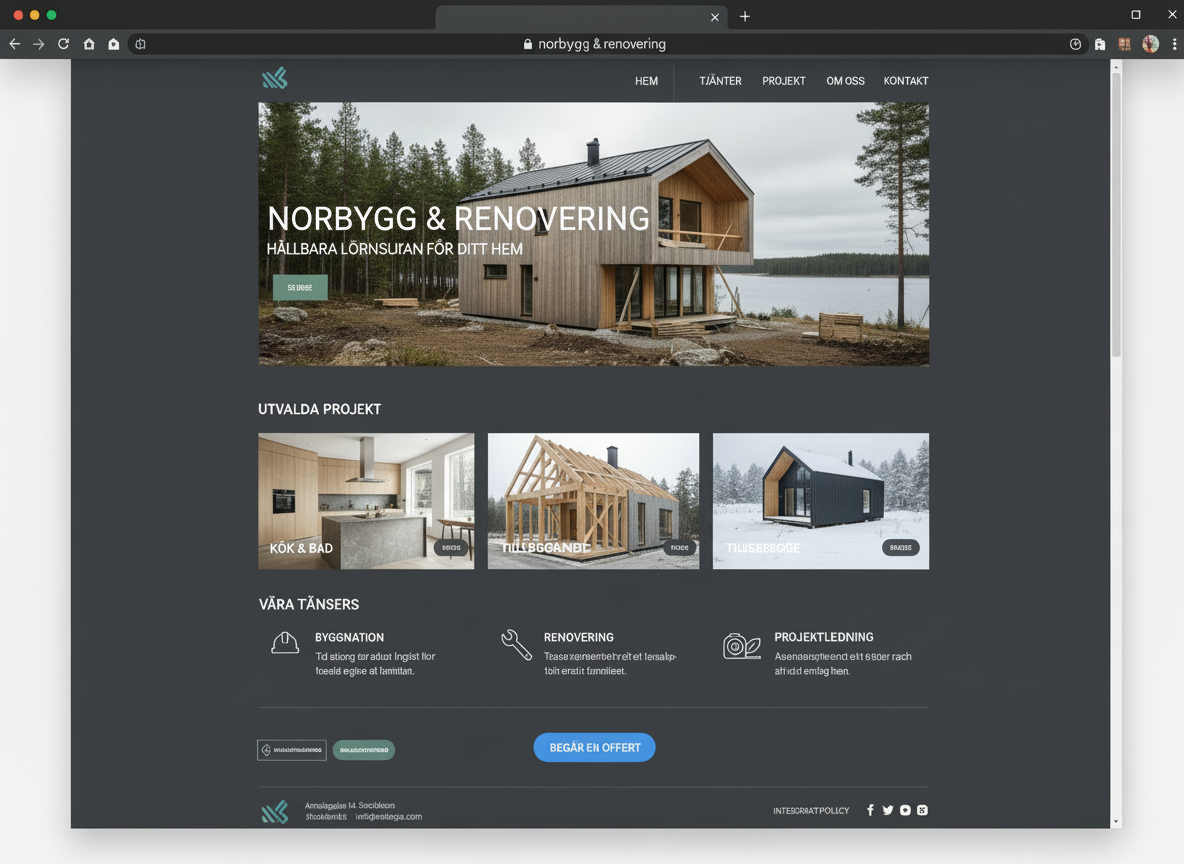 Extremely realistic, high-detail Scandinavian-style homepage screenshot for a Swedish construction and renovation company website. It should look like a real live website screenshot (not a mockup), with a hero image featuring a modern house exterior or construction site, clear Swedish navigation labels (Hem, Tjänster, Projekt, Om oss, Kontakt), a prominent "Begär offert" button, readable body text, project cards, and trust-building UI elements like testimonials or badges. Clean, professional layout with neutral background colors, strong visual hierarchy, and an accent color similar to #1F7A8C.