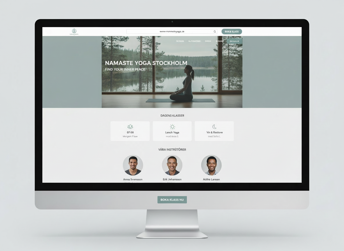 Extremely realistic, high-detail Scandinavian-style homepage screenshot for a Swedish yoga studio website. It should look like a real live website screenshot (not a mockup), with a calming hero image of a yoga studio or people in a yoga class, clear Swedish navigation labels (Hem, Klasser, Schema, Om oss, Kontakt), a prominent "Boka klass" button, readable body text, class schedule section, and instructor profiles. Clean, airy layout with plenty of white space, soft neutral background colors, and an accent color similar to #1F7A8C.
