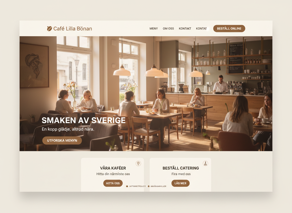Extremely realistic, high-detail screenshot of a single modern Scandinavian café website homepage for 'Café Lilla Bönan', warm beige and brown colors, large hero photo of cozy café interior with people, clean layout, Swedish text in headings and buttons, no browser interface, just the website, Dribbble shot style, 16:9 ratio