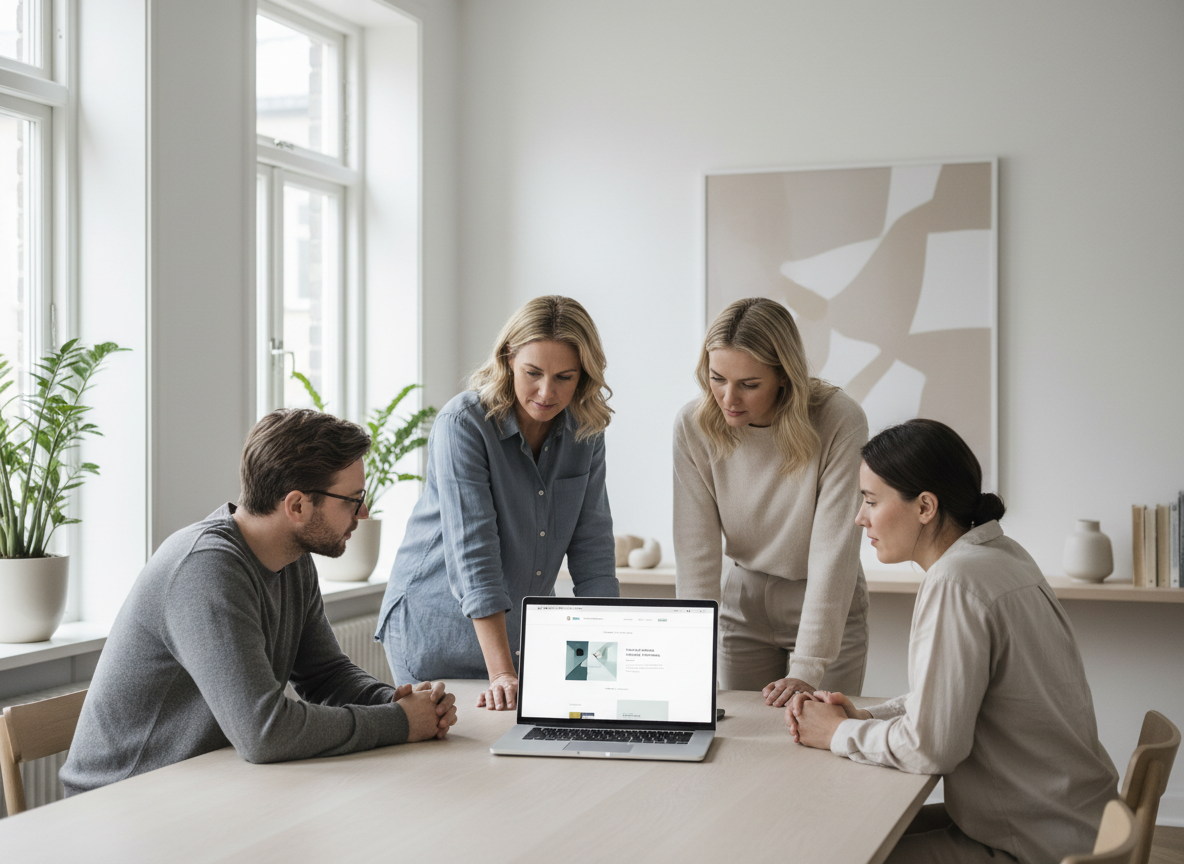 Realistic photo of a Swedish small business owner and team in a modern Scandinavian office, collaborating around a laptop that shows a clean business website. Neutral Nordic color palette, natural light, subtle decor, no readable text on screens or walls.