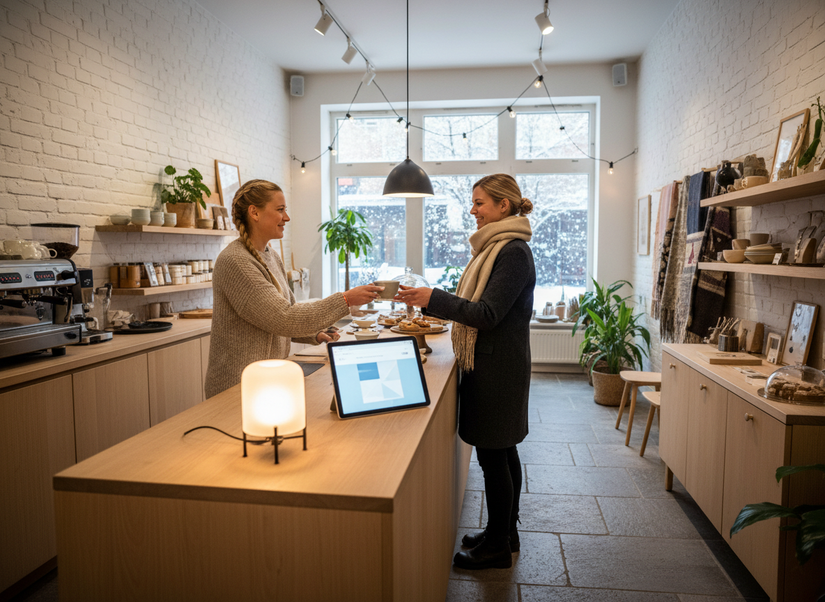 Realistic photo of a Swedish boutique or café interior with a small business owner serving a customer, Scandinavian design details, warm lighting, and a laptop or tablet at the counter showing a clean website interface. No readable text on screens, signage, or products.